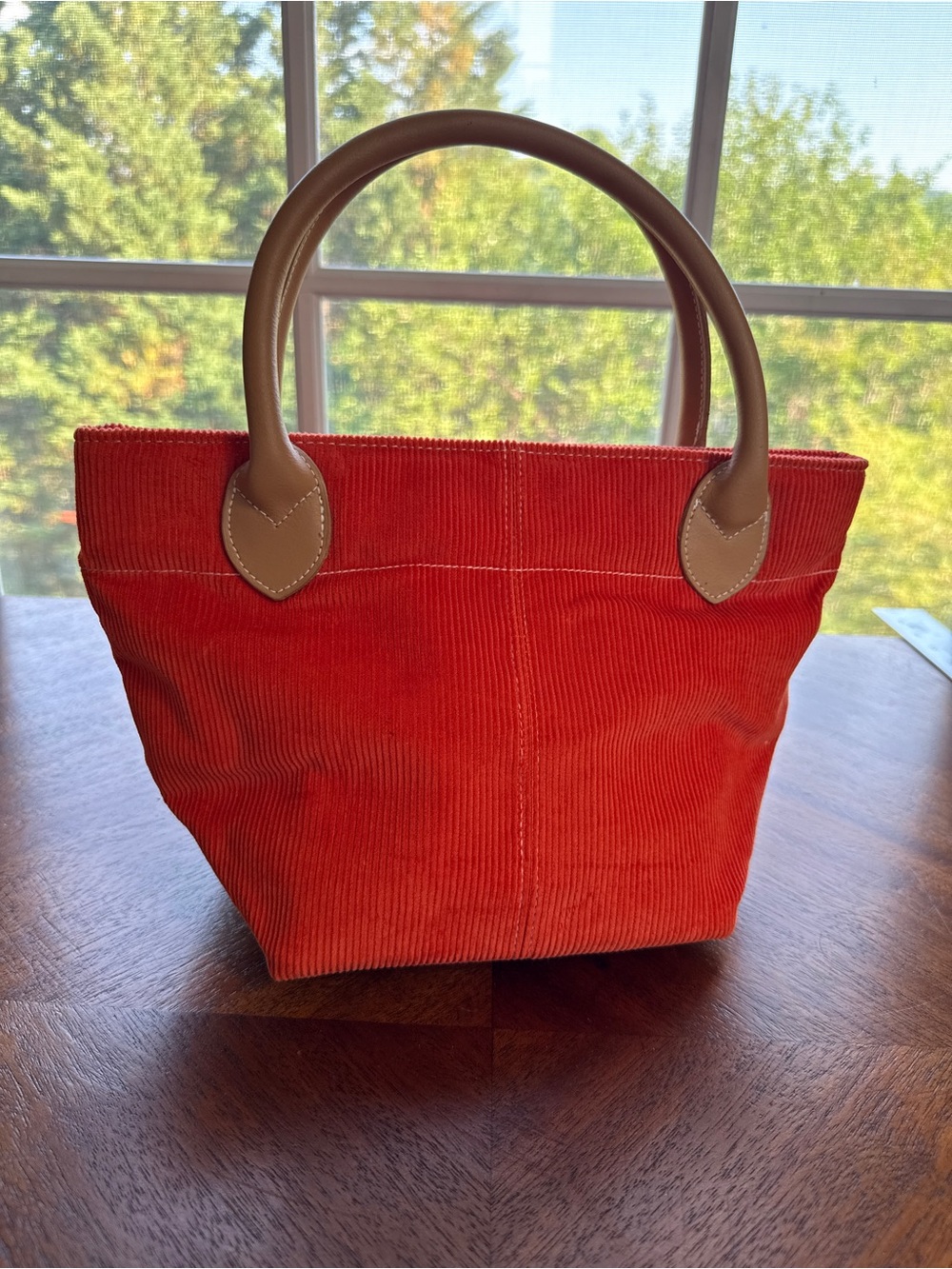 Lillian Vernon Deep Orange Corduroy Tote Bag with Tan Leather Handles